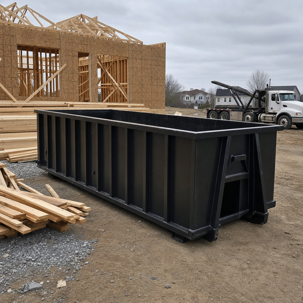 Matte-black 40-yard roll-off dumpster staged on a framed-out residential construction site in Newark, framing lumber stacked nearby, hooklift delivery truck visible in the background under bright Colorado daylight