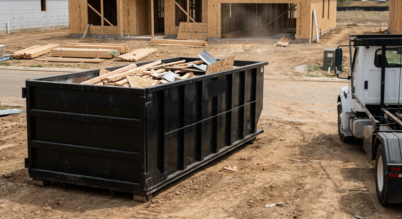 Matte-black 20-yard roll-off construction dumpster with heavy ribbed steel sidewalls and swing rear doors at a working jobsite in Newark, sitting directly on compacted dirt with an unmarked white hauler partially visible at the far edge of the frame.