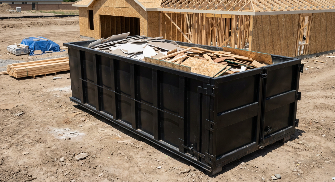 Matte-black 30-yard roll-off construction dumpster sitting directly on the compacted-dirt site of a framed single-family home build in Newark, drywall and lumber scrap loaded inside.