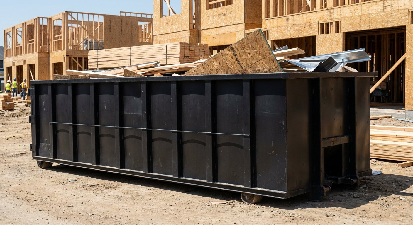 Matte-black 40-yard roll-off construction dumpster being lowered from a white-cab hooklift delivery truck onto the compacted-dirt jobsite at a commercial build site in Newark