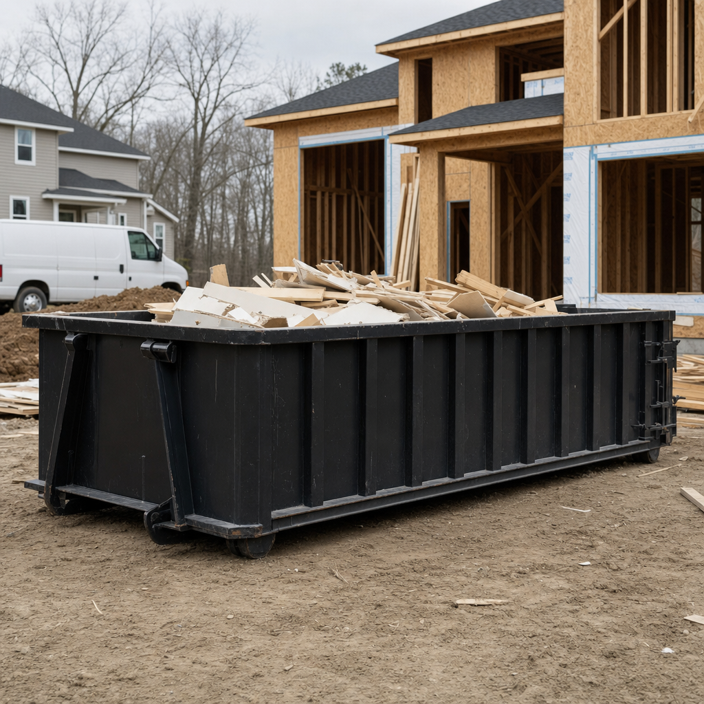 Worker in a yellow high-visibility vest tossing framing lumber and broken drywall into a matte-black 30-yard construction roll-off dumpster on an active build site in Newark, bright daylight