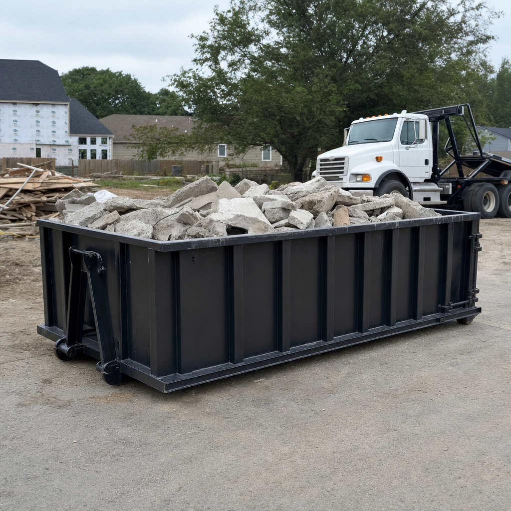 Low-profile matte-black lowboy roll-off dumpster loaded with broken concrete slab and rebar at a foundation tear-out in Newark, skid steer parked beside it, sunny Colorado morning
