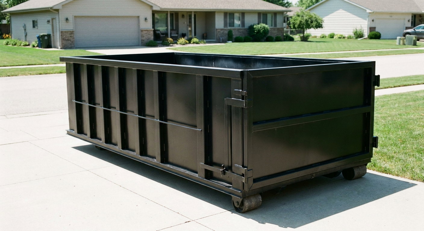Matte-black 10-yard roll-off dumpster on a residential concrete driveway in Newark, uniformly painted matte black across every panel and rail, ribbed steel sidewalls and rear swing door visible, mid-day daylight.