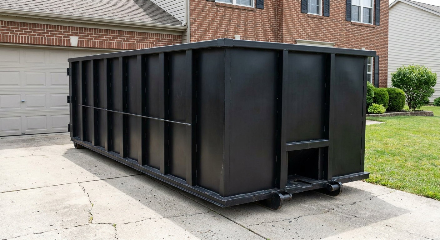 Matte-black 20-yard roll-off container on a Newark residential concrete driveway with reinforced ribbed steel sidewalls and a hinged rear walk-in door, clean bright daylight.