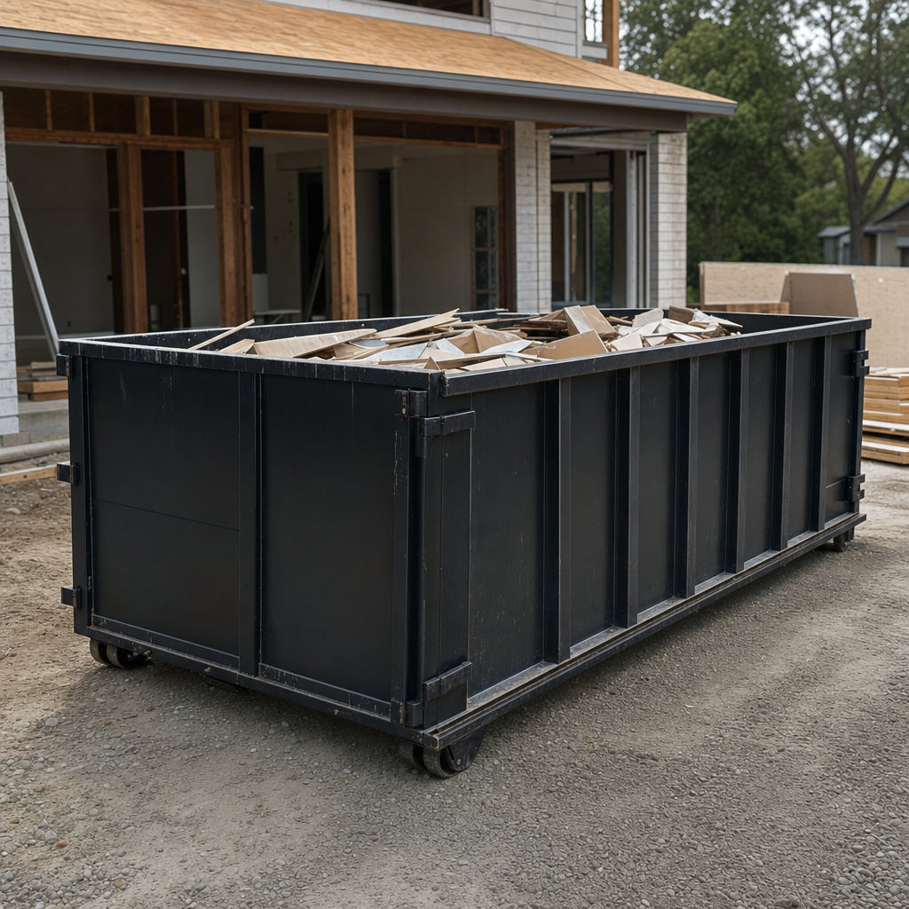Large matte-black 30-yard construction roll-off dumpster at an active Newark jobsite, steel-gray top rails and bottom rollers visible, loaded with construction debris.