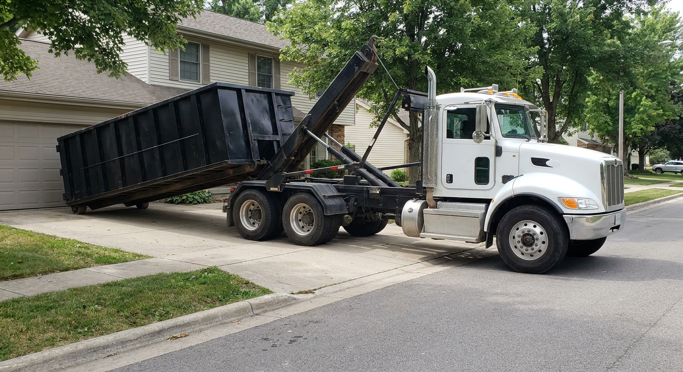 White-cab hooklift roll-off truck actively lowering a matte-black dumpster onto a Newark residential concrete driveway, the dumpster's rear wheels touching the driveway as the hoist arm tilts the bed forward, mid-morning daylight.