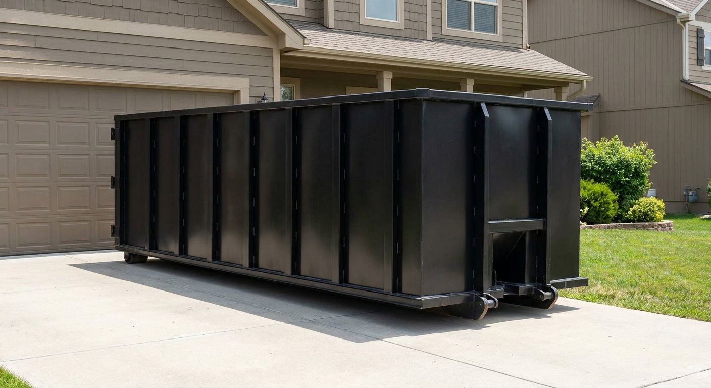 Matte-black residential roll-off dumpster sitting directly on a suburban Newark concrete driveway, garage door closed, single-family home in background, bright morning daylight.