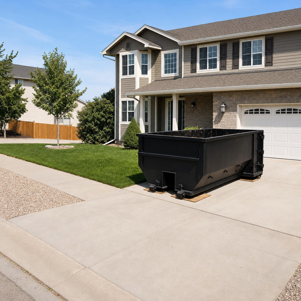 10-yard matte-black residential dumpster placed directly on a narrow Newark concrete driveway, room remains for a parked sedan beside it, mid-morning natural light