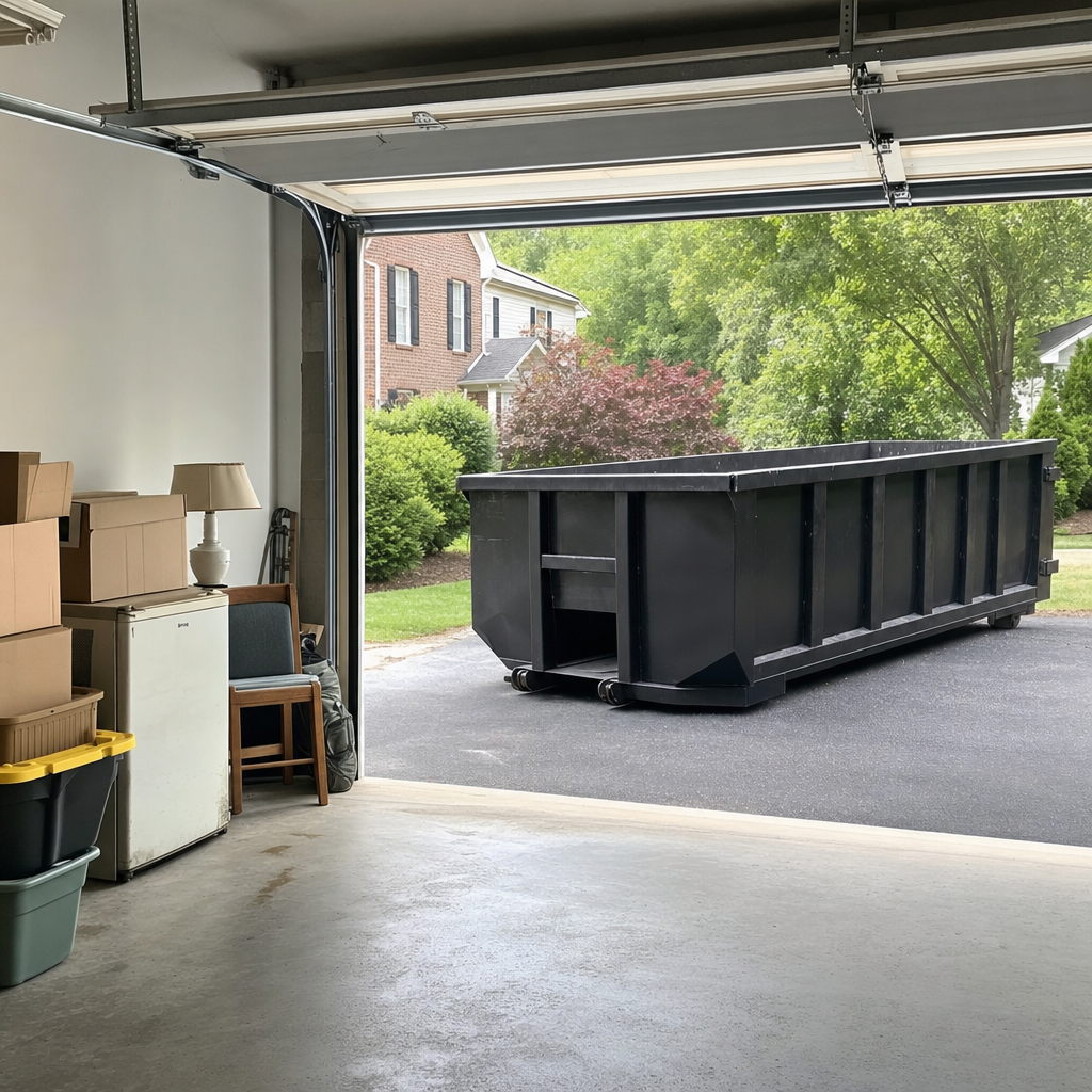 Open garage interior in a Newark home mid-cleanout — boxed items, an old appliance, and stacked yard tools queued near the driveway for a matte-black roll-off dumpster, organized and calm