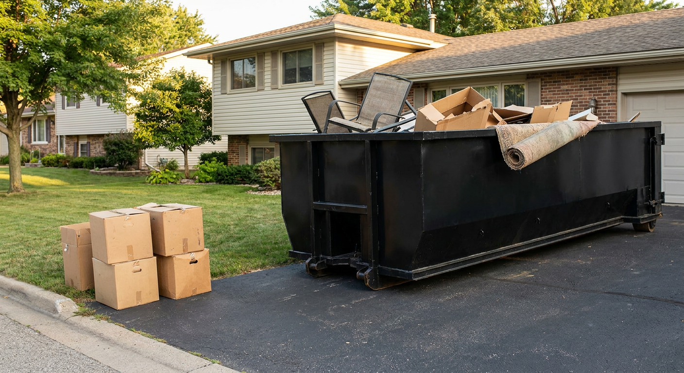 Front-yard view of a Newark split-level home with a 20-yard matte-black roll-off dumpster sitting directly on the asphalt driveway, a few clearly labeled donation boxes staged at the curb, calm sunny afternoon.