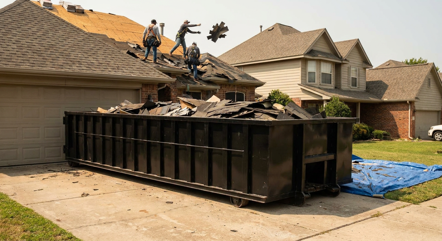 Matte-black roofing roll-off dumpster placed directly on a Newark residential concrete driveway, a tear-off crew on a two-story asphalt-shingle roof tossing shingle bundles into the low-walled container, bright daylight, documentary 35mm perspective.