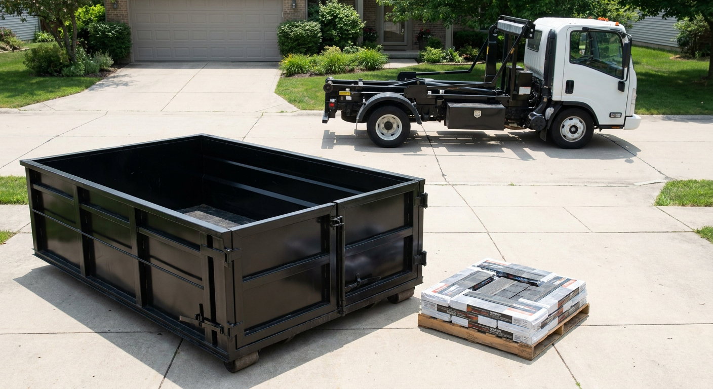 Matte-black 15-yard roofing roll-off dumpster with reinforced low side walls sitting directly on a Newark residential concrete driveway, three-tab asphalt shingle bundles stacked nearby, an unmarked white hauler truck partially visible at the edge of the frame.