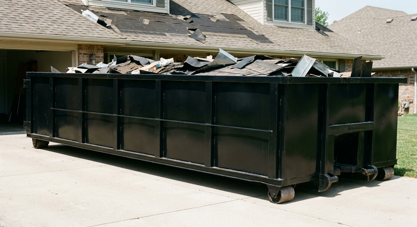 Matte-black 20-yard roofing roll-off dumpster with steel ribbed sides and swinging rear door, sitting directly on the concrete driveway of a two-story Newark home, asphalt shingle debris being loaded over the low wall, clean documentary lighting.