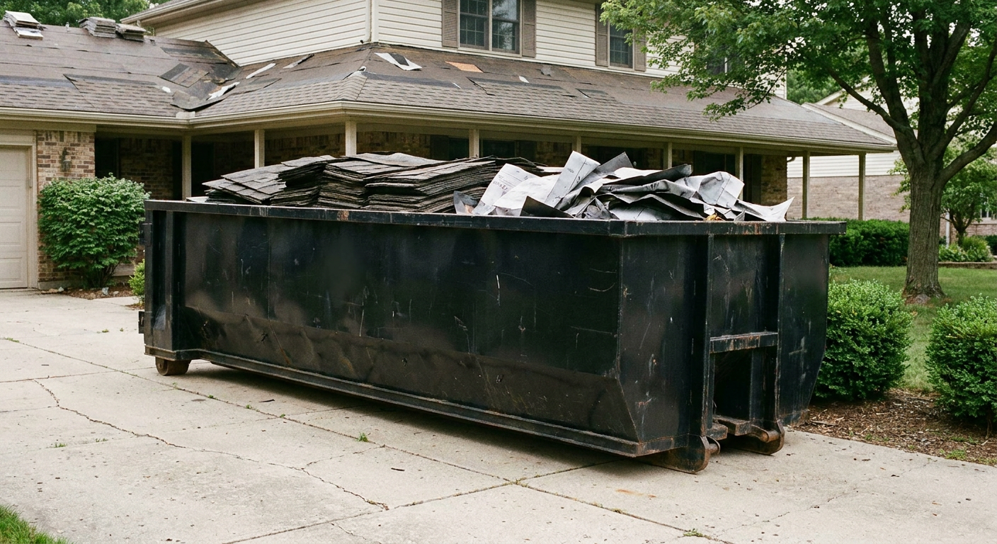 Matte-black 30-yard roofing roll-off dumpster sitting directly on a Newark concrete driveway, taller ribbed steel side panels, mixed tear-off debris of asphalt shingles and underlayment inside, professional documentary daylight.