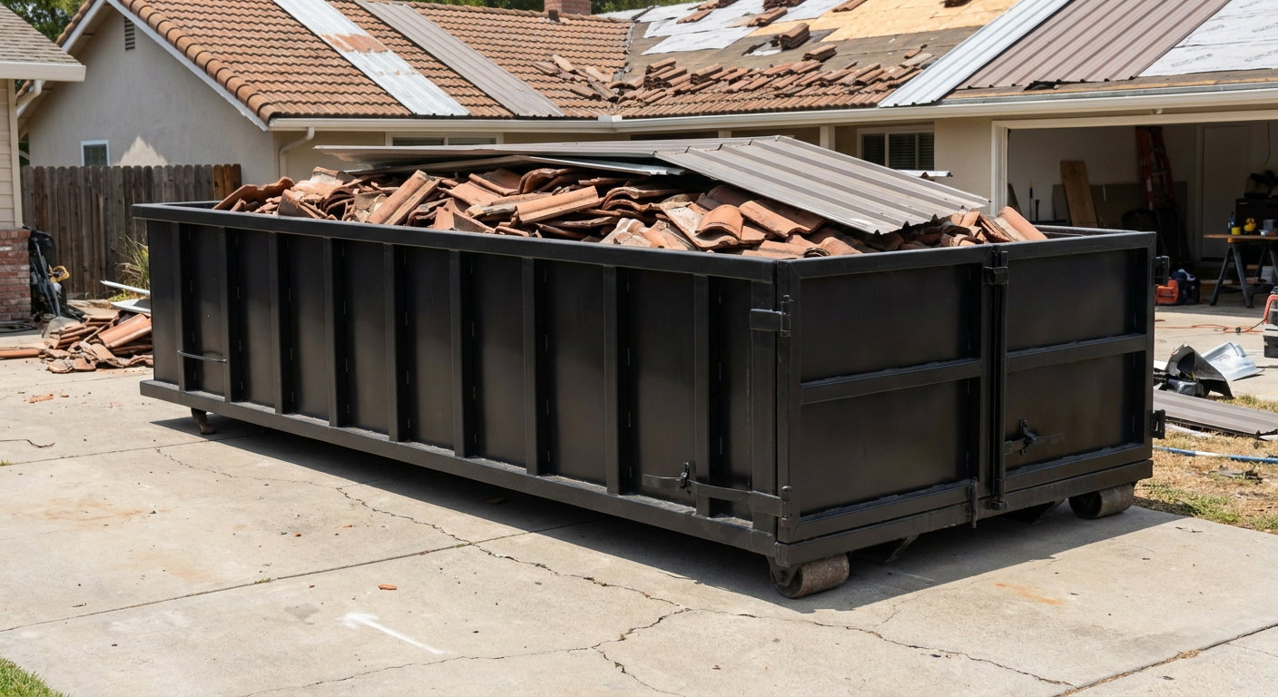 Matte-black low-wall heavy-debris roofing roll-off dumpster sitting directly on a Newark concrete driveway, broken concrete clay roof tiles and metal panel sections loaded inside, reinforced ribbed steel side walls visible, bright outdoor daylight.