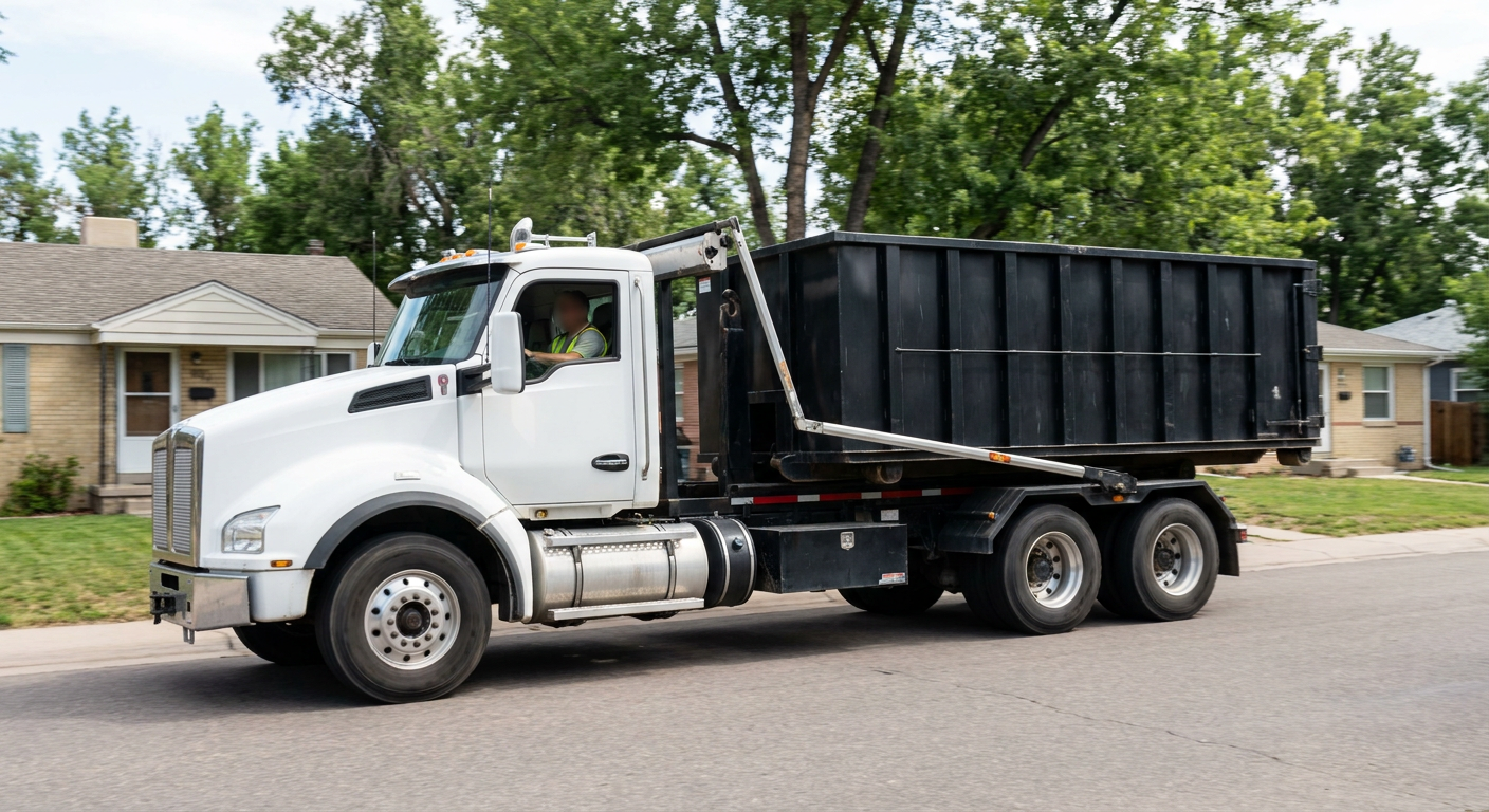 A wide documentary shot of a matte-black roll-off delivery truck pulling onto a quiet Newark residential street at mid-morning, with neighborhood rooftops and tree-lined blocks visible behind, showing the metro coverage footprint.