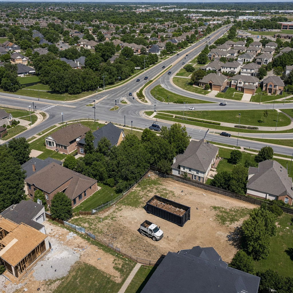An overhead documentary view of the Newark metro area at midday, showing the spread of neighborhoods, arterial roads, and the dispatch radius from a central yard — clean daylight, organized geographic layout.