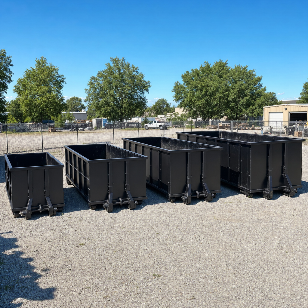 A clean lineup of matte-black roll-off dumpsters in 10, 20, 30, and 40-yard sizes staged on a sunlit gravel yard in Newark, showing the size progression from compact to commercial-scale containers.