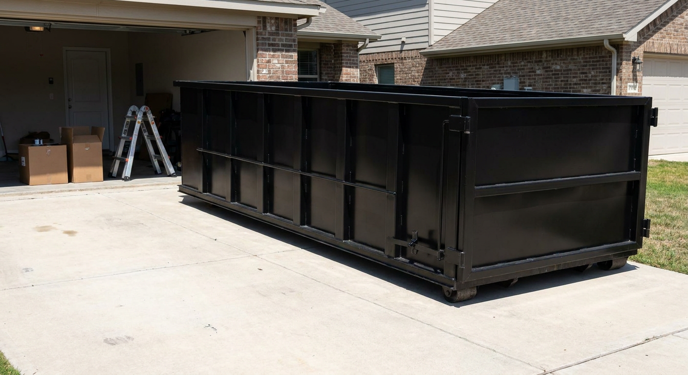 A matte-black 10-yard roll-off dumpster sitting directly on a residential Newark concrete driveway, mid-day sunlight, clean and ready for a garage cleanout.