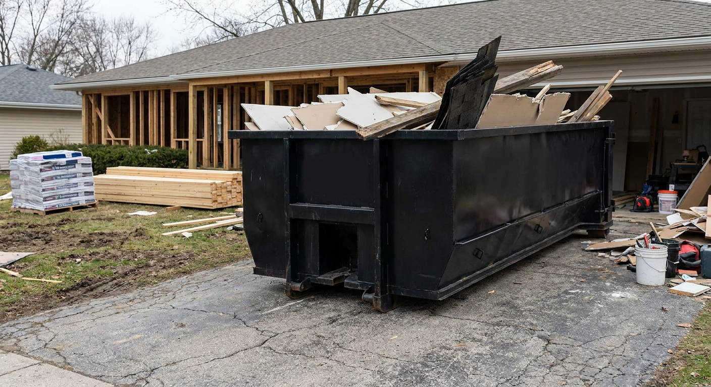 A matte-black 20-yard roll-off dumpster placed alongside a mid-renovation Newark home directly on the asphalt driveway, with framing materials and torn-off shingles staged neatly nearby.