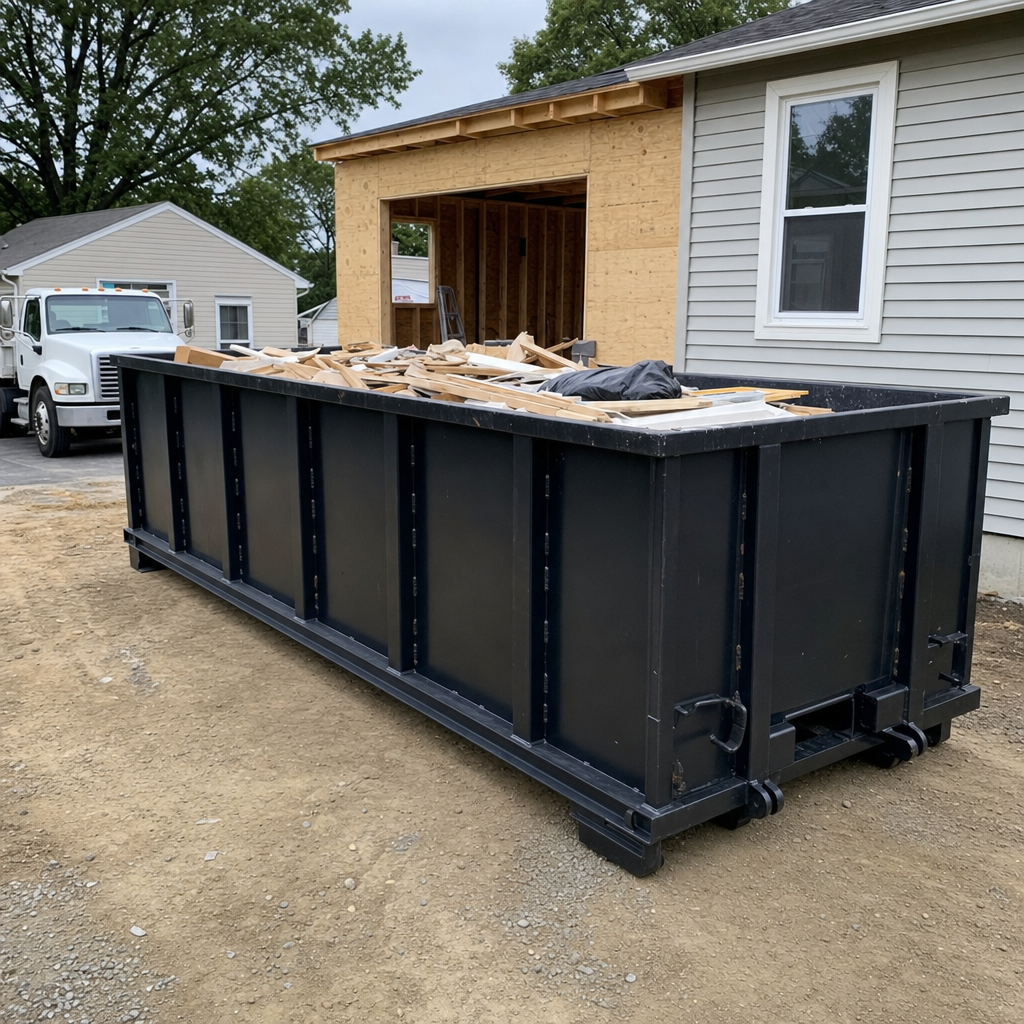 A matte-black 30-yard roll-off dumpster positioned at a Newark residential addition jobsite, with framing lumber and drywall scraps loaded through the open swinging rear doors.
