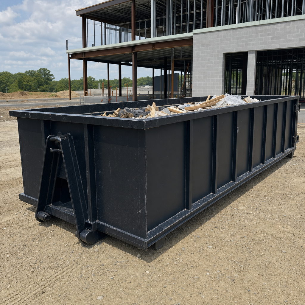 A matte-black 40-yard roll-off dumpster staged on a large Newark commercial construction lot, with a hooklift delivery truck parked alongside under bright midday sky.