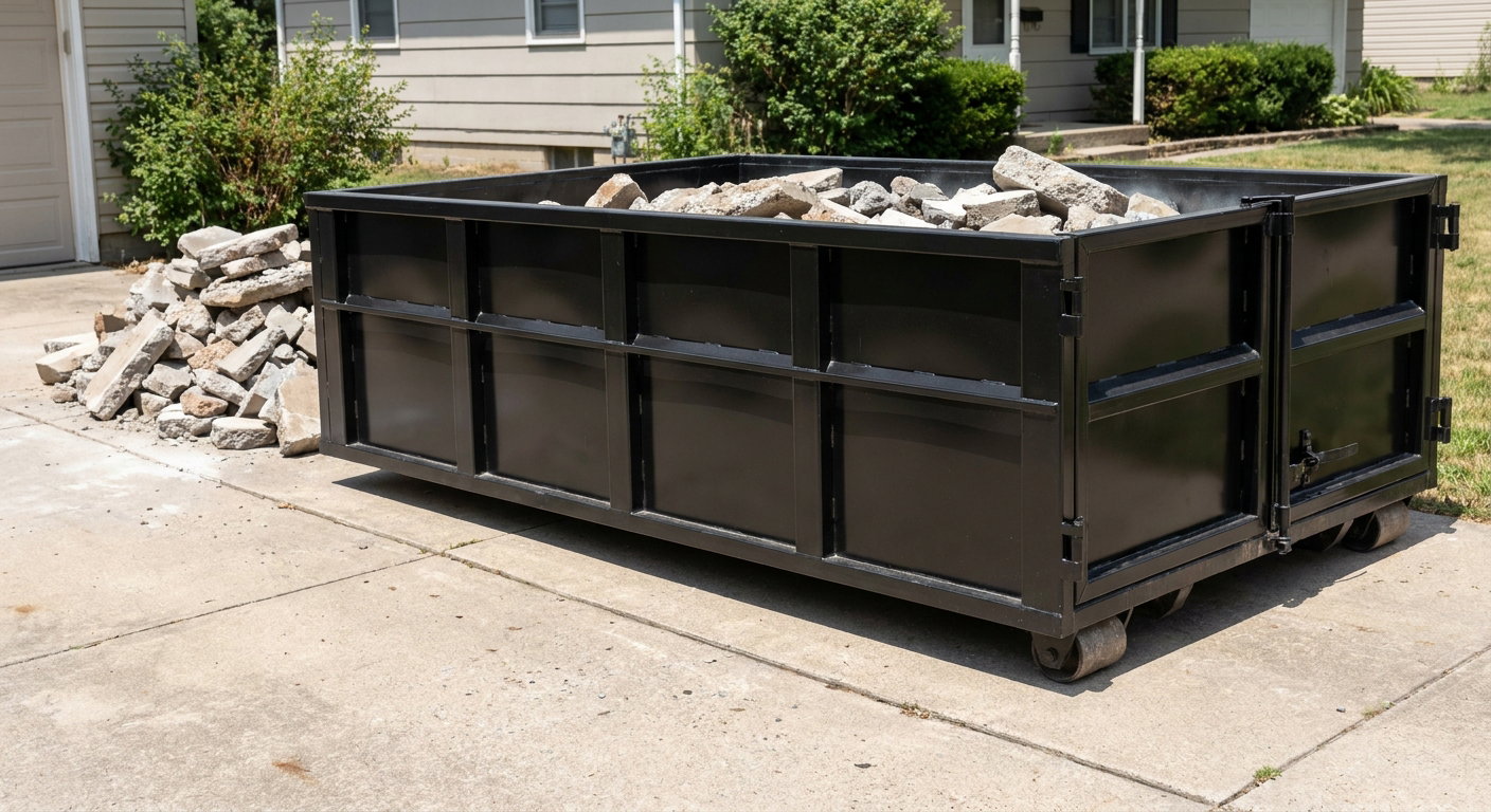A matte-black low-side heavy-debris roll-off dumpster placed directly on a Newark concrete driveway, with broken concrete chunks neatly stacked beside it under clean daylight.